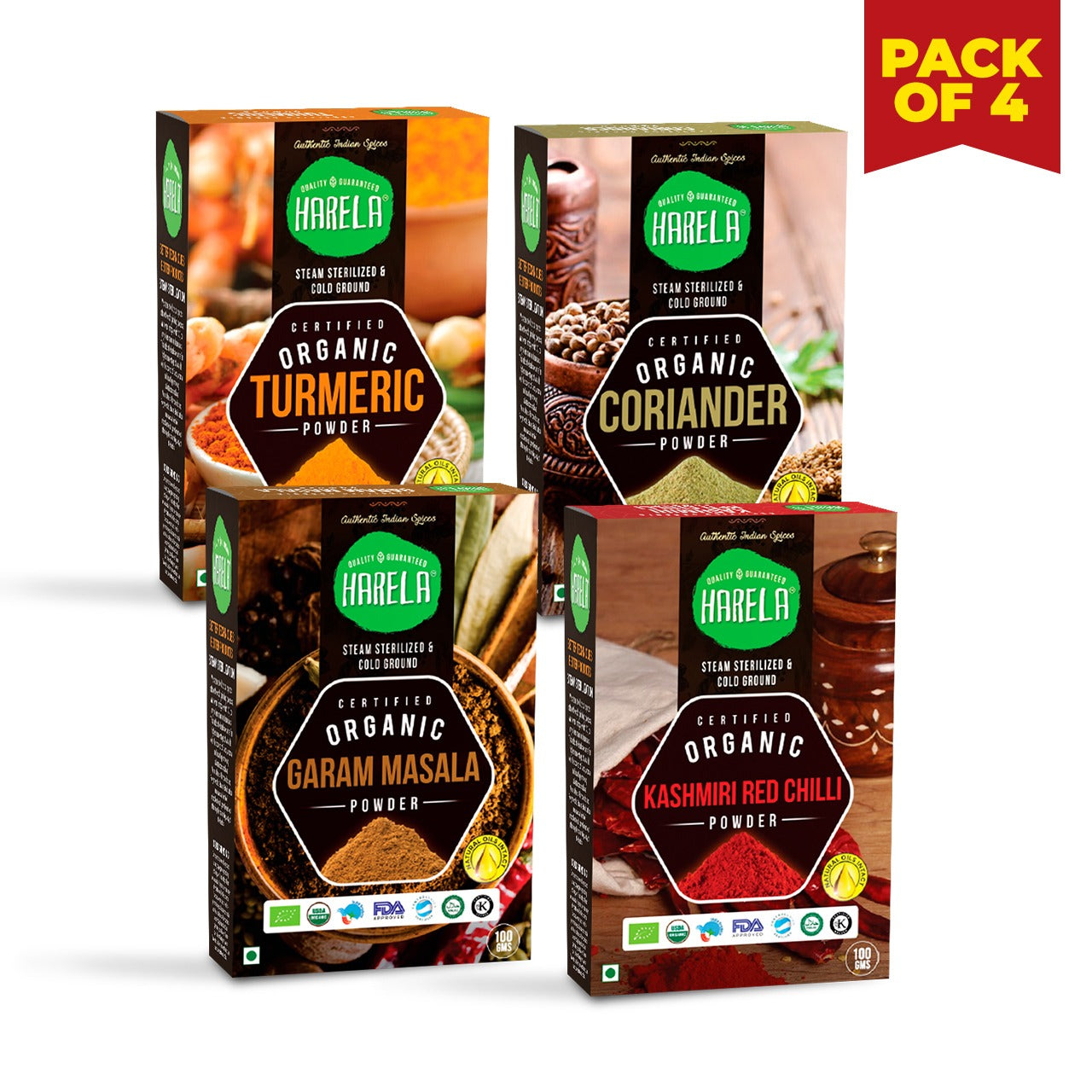 Combo Pack of 4 - Coriander, Turmeric, Garam Masala, Kashmiri Chili